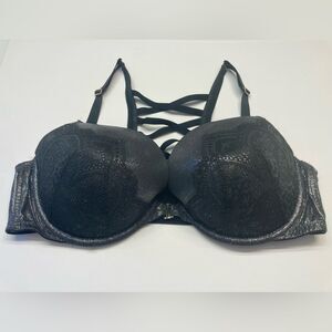 Cacique Seriously Sexy Silver Glitter Black Lace‎ Boost Plunge Bra Plus Size 46D